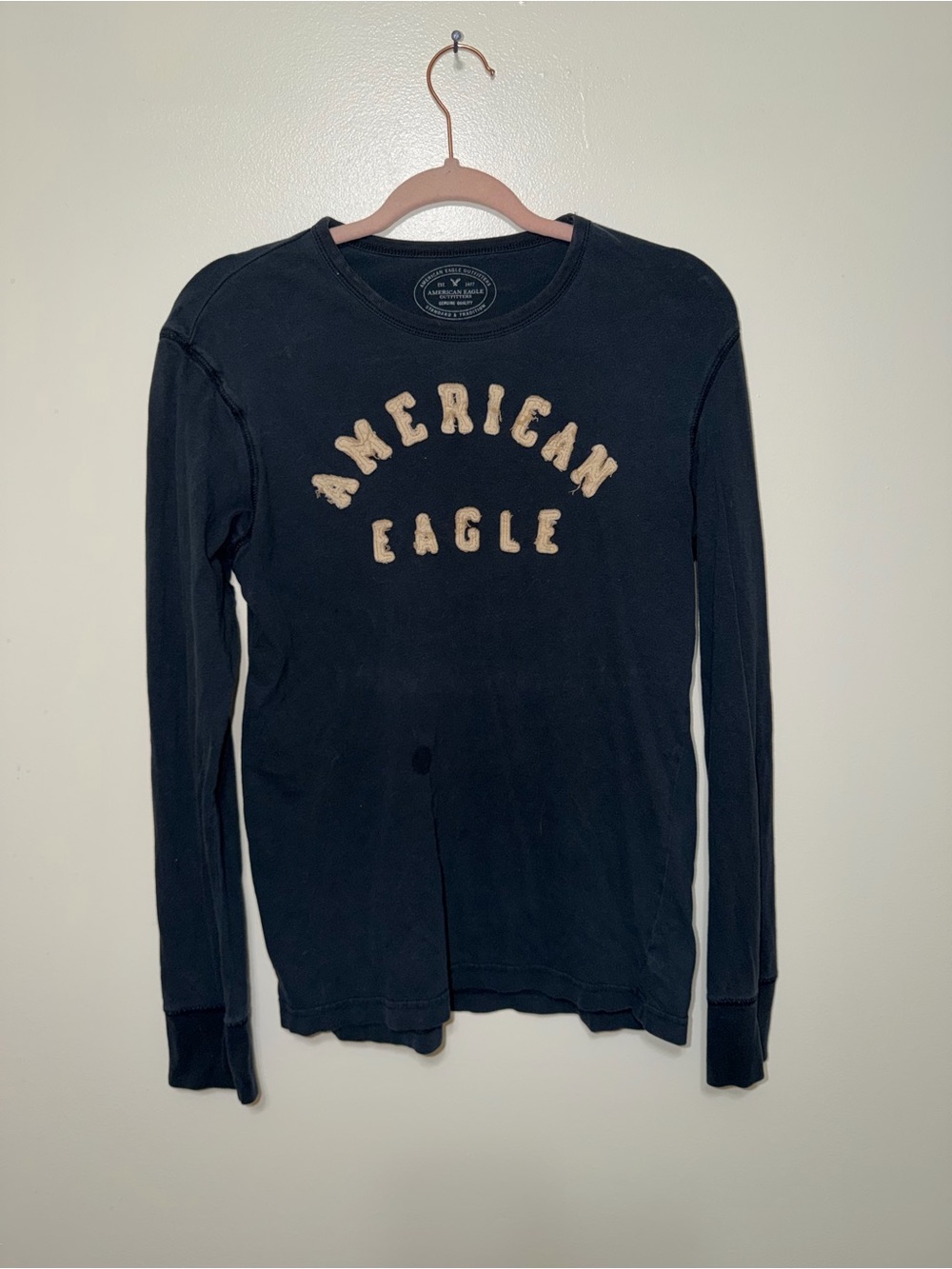 American Eagle Outfitters Dark Navy Long-Sleeve Shirt with Tan Logo